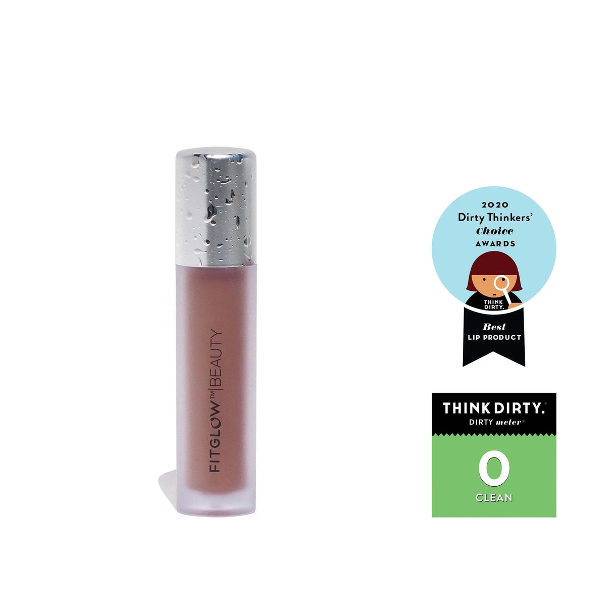Award-winning all-natural lip color serum by Fitglow Beauty with nourishing ingredients for hydrated, plump lips, accompanied by clean beauty awards.