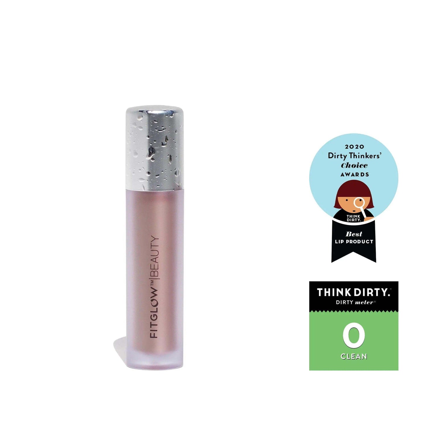 Fitglow Beauty Lip Colour Serum with award stickers, featuring a nourishing, all-natural formula for hydrating and plumping lips.