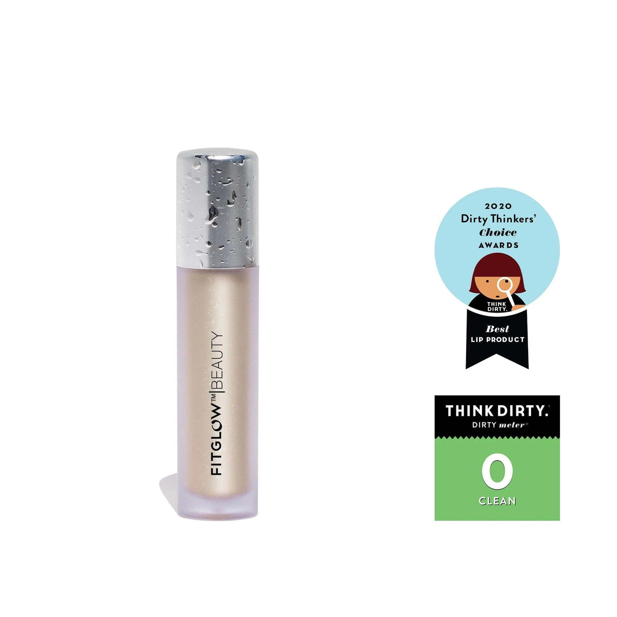 FitGlow Beauty Lip Colour Serum with award badges, showcasing a natural, hydrating, and plumping lip gloss serum.