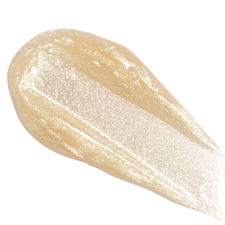 Close-up of Lip Colour Serum with shimmering gold hue, showcasing its nourishing, plant-based formula for hydrating and plumping lips.