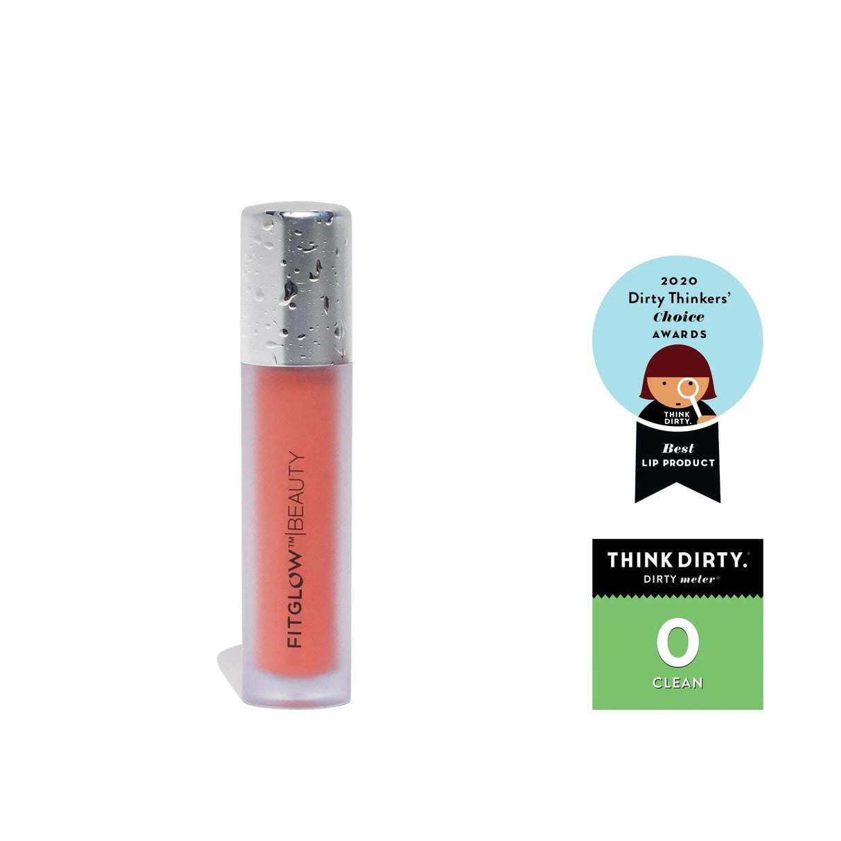 FitGlow Beauty Lip Colour Serum with award and clean product certification badges.