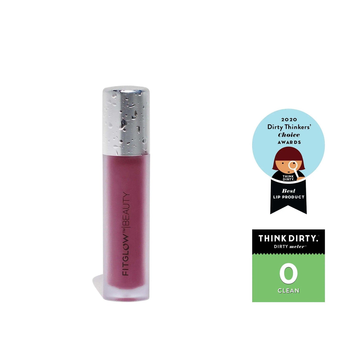 Award-winning FitGlow Beauty Lip Colour Serum with natural ingredients, shown with 2020 Dirty Thinker's Choice Award badge.