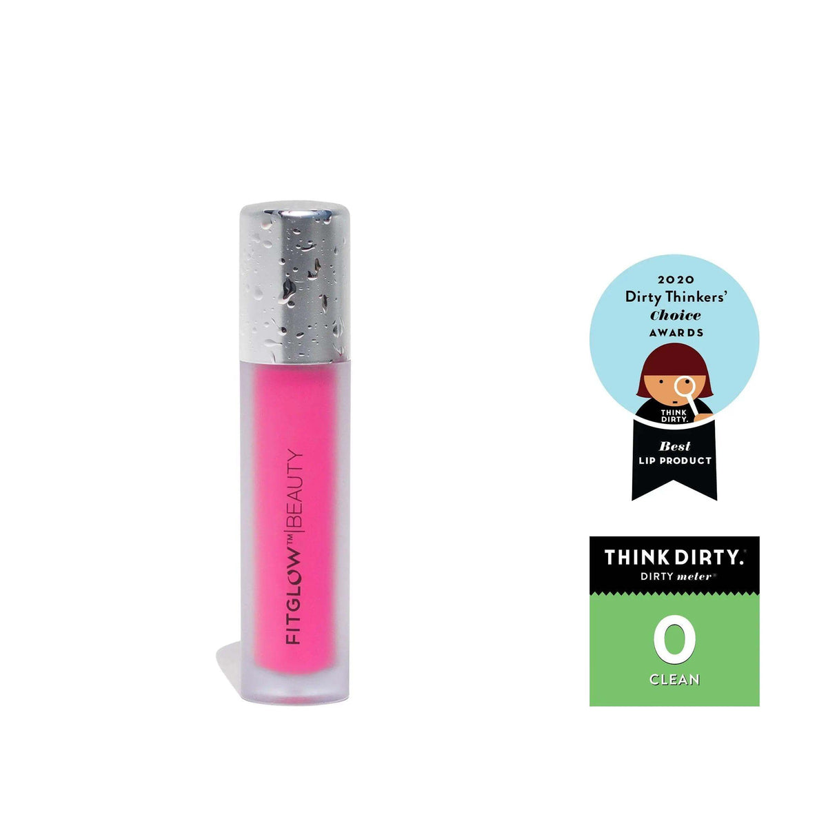 Lip Colour Serum with award badges, natural lip serum for color, hydration, and gentle plumping, featuring organic ingredients.