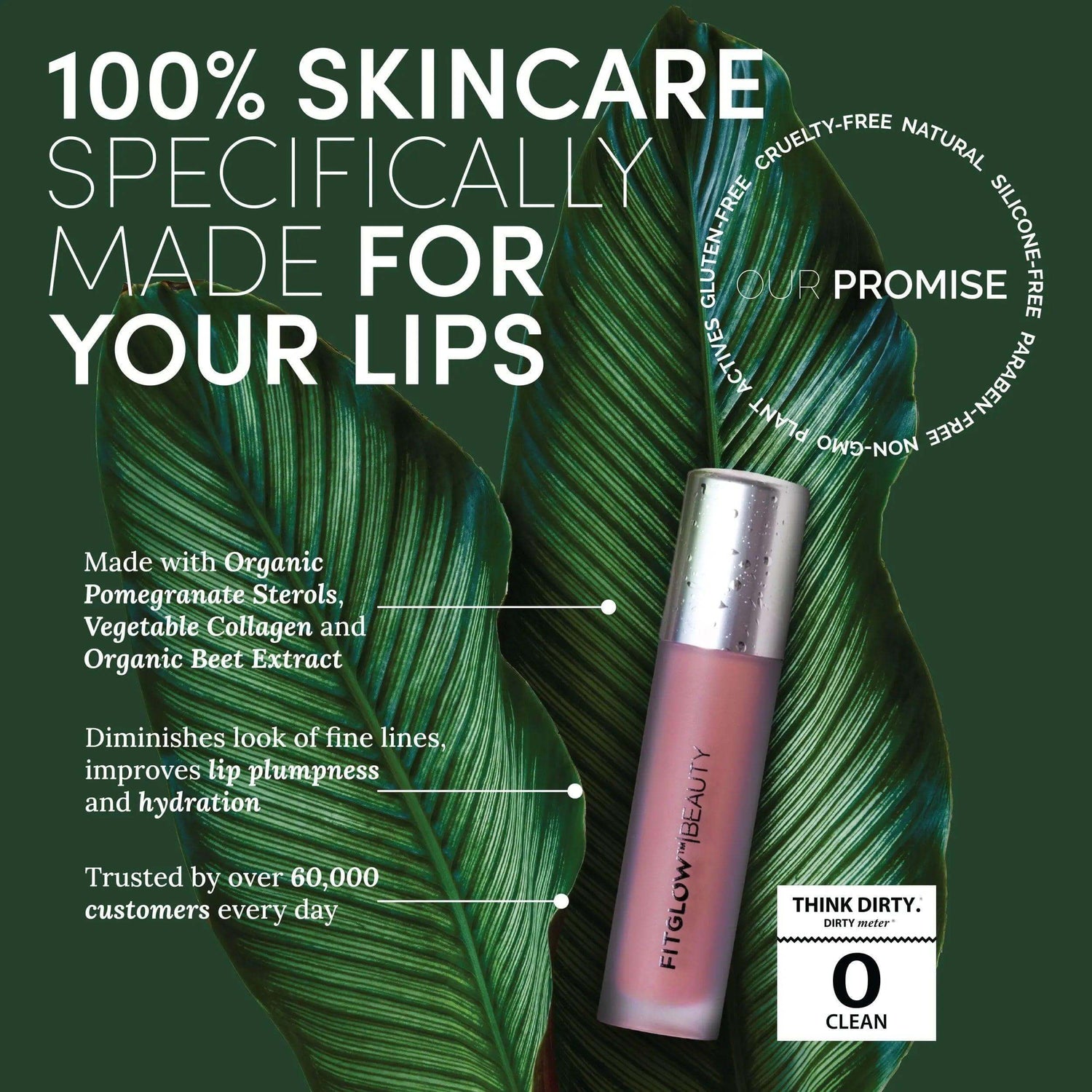 Lip serum bottle with ingredients like organic pomegranate sterols and beet extract, promoting lip plumpness and hydration.