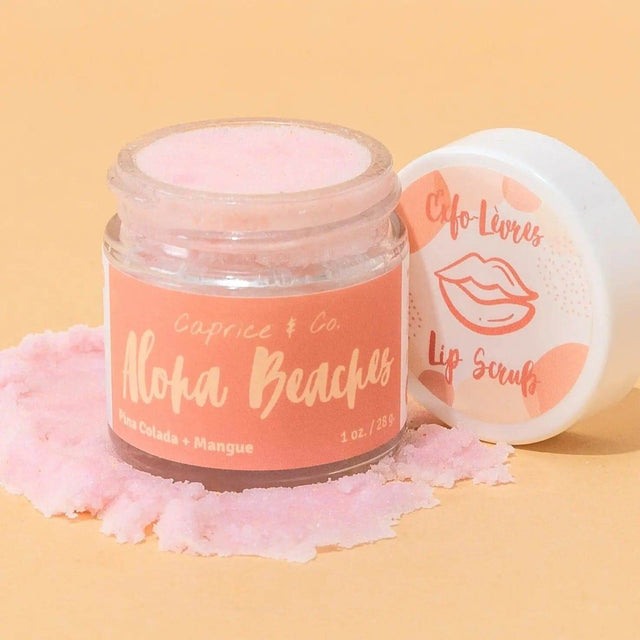 Lip Scrub Aloha Beaches jar with Pina Colada and Mango flavor showcasing pink exfoliating sugar texture, 1oz-28g, by Caprice & Co.