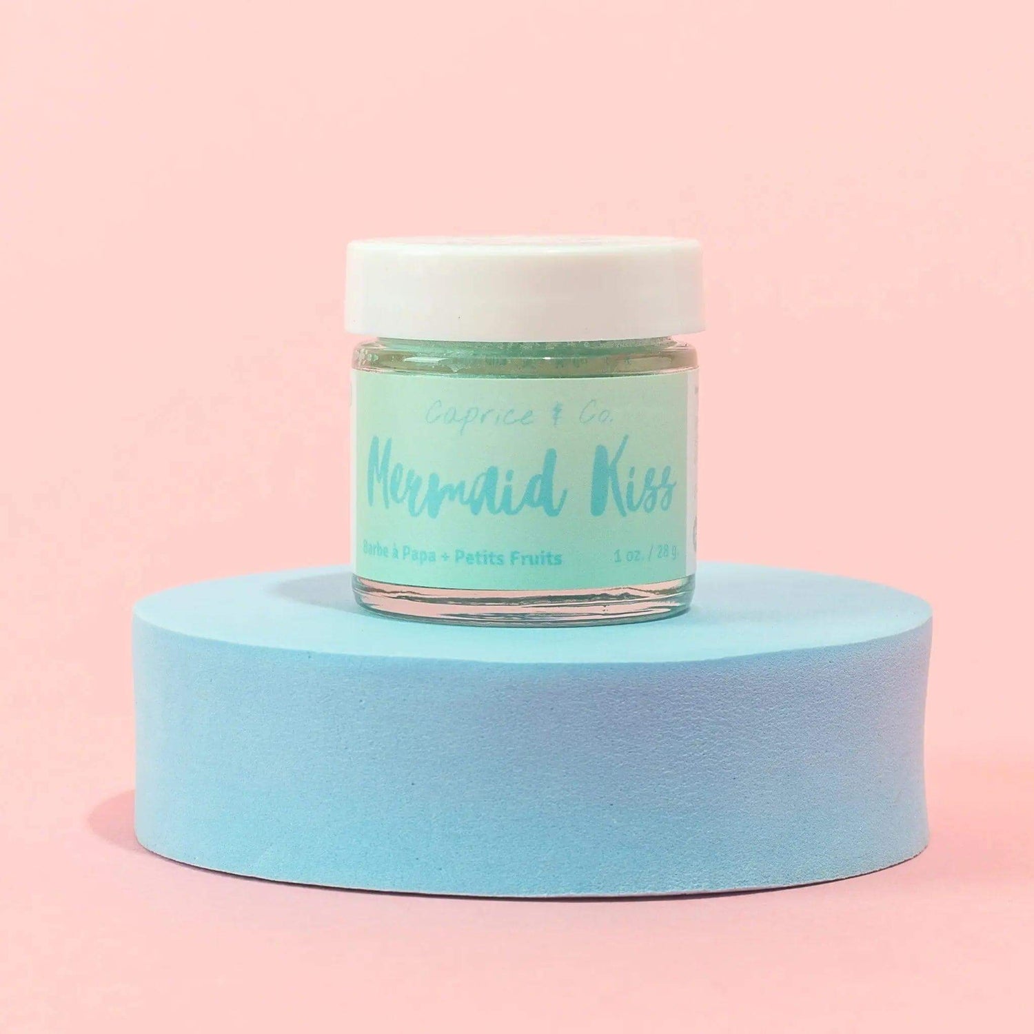 Alt Tag: Mermaid Kiss Lip Scrub 1oz - Exfoliating and hydrating lip care with cotton candy and berries flavor in a glass jar.