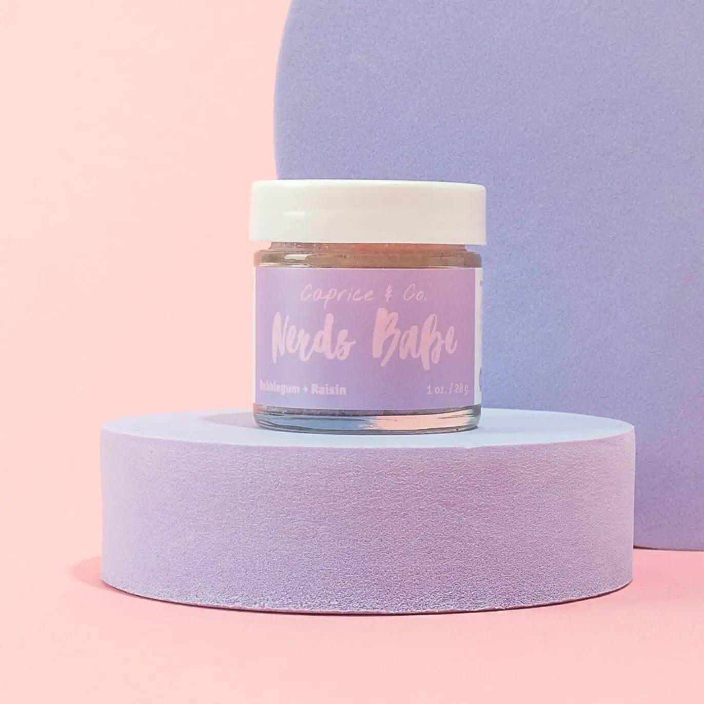 Lips Scrub - Nerds Babe in bubblegum and grape flavor, 1 oz jar, exfoliating sugar blend with organic Jojoba Oil, edible.