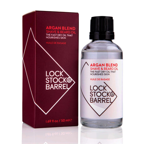 Lock Stock & Barrel Argan Blend Shave & Beard Oil 50ml bottle and box packaging