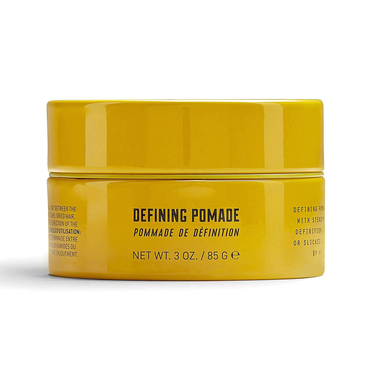 Yellow jar of Lock Stock & Barrel Defining Pomade, 85g, delivers strong hold and brilliant shine, ideal for slicked-back hairstyles.