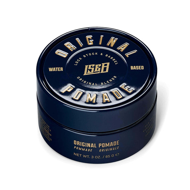 Lock Stock & Barrel Original Pomade 85g tin with water-based medium hold formula, handcrafted in England.