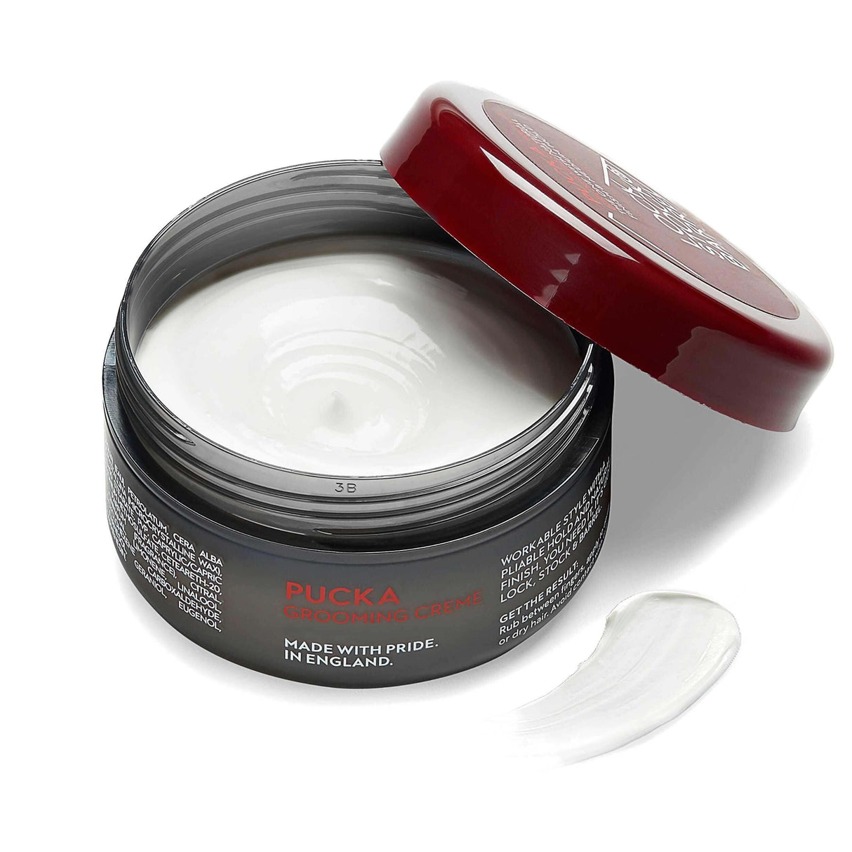 Open jar of Lock Stock & Barrel Pucka Grooming Creme, 3.53 oz, showing white cream with natural finish and medium hold.