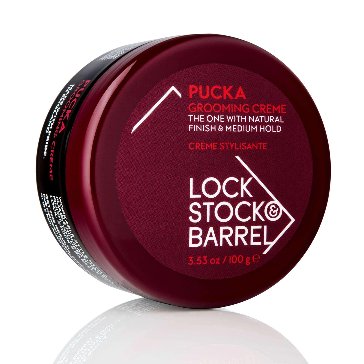 Lock Stock & Barrel Pucka Grooming Creme, natural finish with medium hold, phthalate-free, 3.53 oz, cruelty-free hair styling product.
