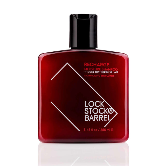 Lock Stock & Barrel Recharge Moisture Shampoo 8.45 Fl Oz bottle for hydrating and nourishing hair.