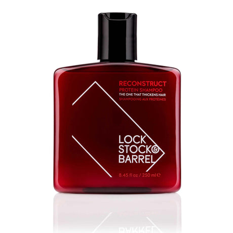Lock Stock & Barrel Reconstruct Protein Shampoo 8.45 Fl Oz bottle for thicker hair cleansing, free from phthalates and parabens.