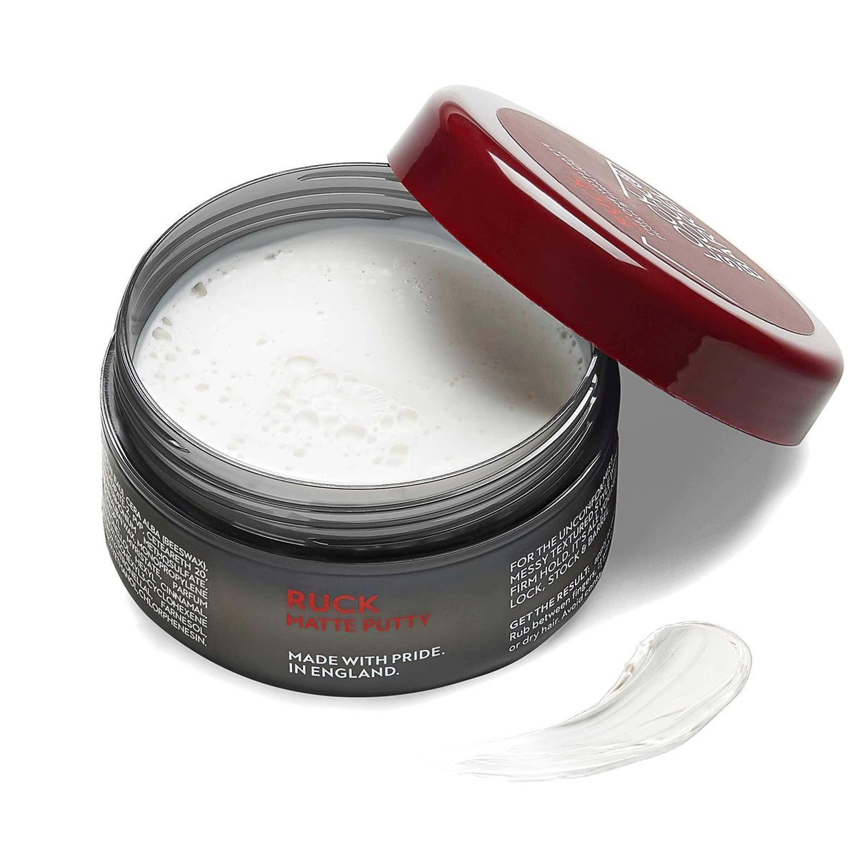 Lock Stock & Barrel Ruck Matte Putty 3.53 Oz with open lid, showcasing texture and strong hold for hair styling.