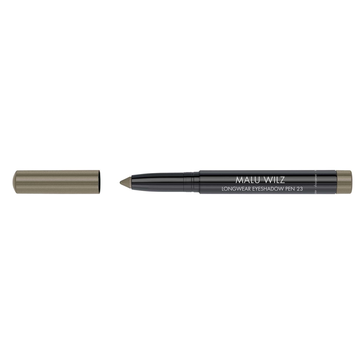 Malu Wilz Long-Lasting Eyeshadow Pen with cap removed, revealing creamy tip, perfect for crease-resistant eye makeup application.