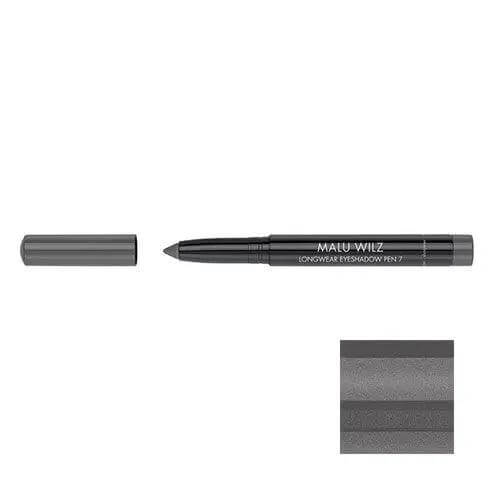 Malu Wilz Long-Lasting Eyeshadow Pen in black with cap removed, showcasing the smooth, crease-resistant formula swatch.