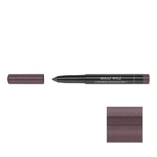 Malu Wilz Long-Lasting Eyeshadow Pen in brown shade with cap removed, showcases its creamy, crease-resistant formula for easy application.