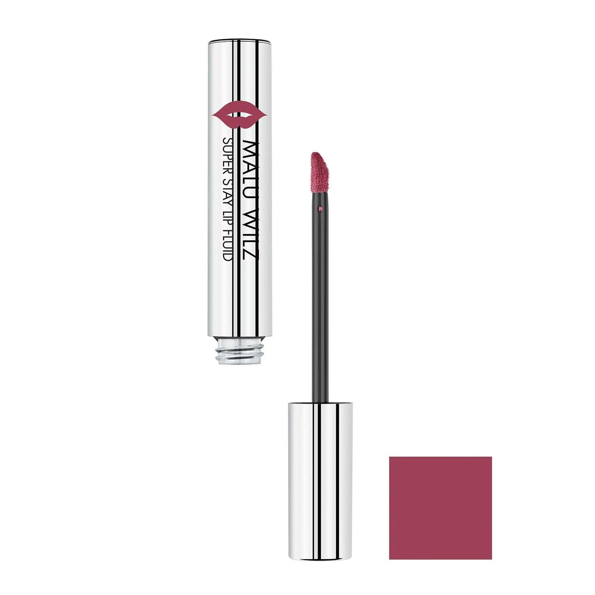 Malu Wilz Long-Lasting Lip Fluid 6ml in berry shade, features smooth finish for enduring color, shown with open applicator.