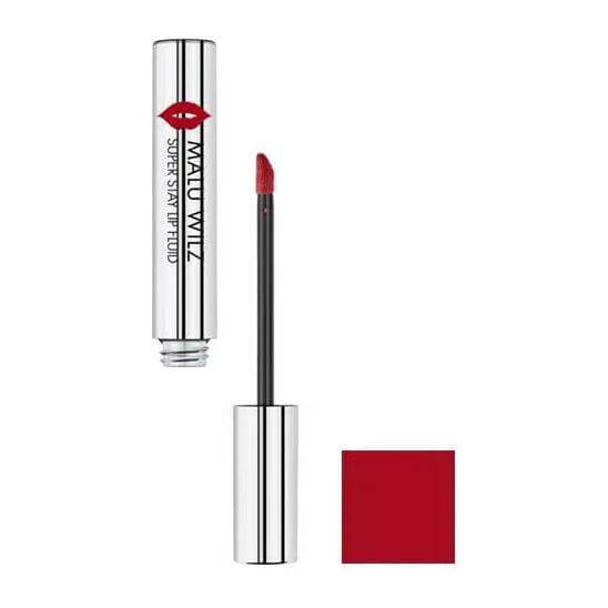 Malu Wilz Long-Lasting Lip Fluid in vibrant red shade, shown with open applicator and 6ml container, ideal for enduring lip color.