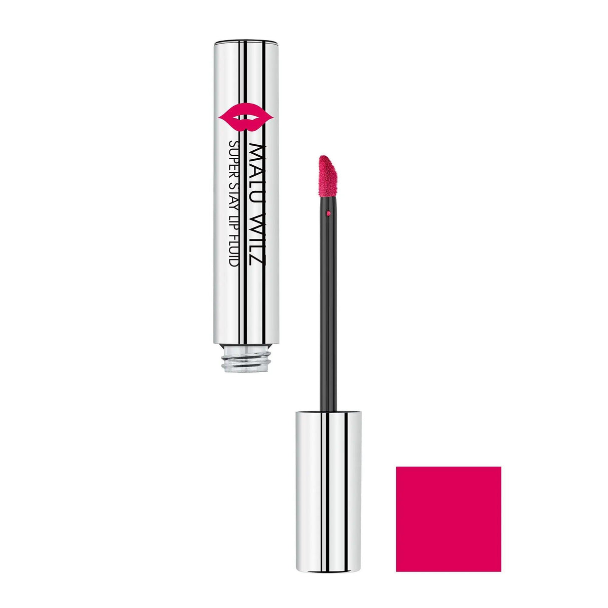 Malu Wilz Long-Lasting Lip Fluid 6ml in vibrant pink shade, featuring a sleek applicator and durable color for all-day wear.