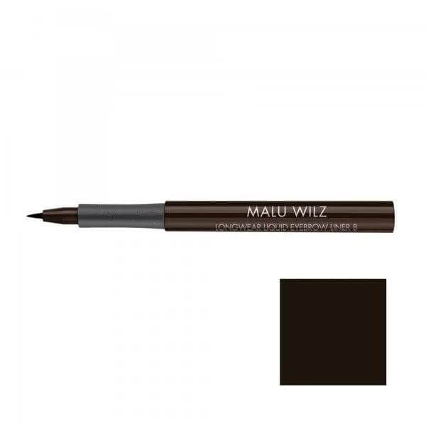 Malu Wilz Long-Lasting Liquid Eyebrow Pencil with dark color swatch for precise and natural brow definition, 1ml.