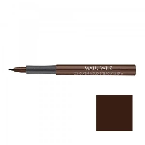 Malu Wilz Long-Lasting Liquid Eyebrow Pencil in dark brown shade, offering smooth application for natural defining brows.