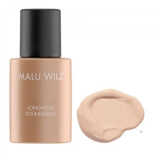 Malu Wilz Longwear Foundation bottle and swatch, 30ml, for perfect complexion and enduring coverage.