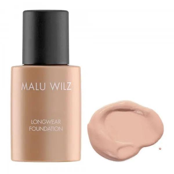 Malu Wilz Longwear Foundation bottle with a beige foundation swatch, providing long-lasting coverage for a flawless complexion.