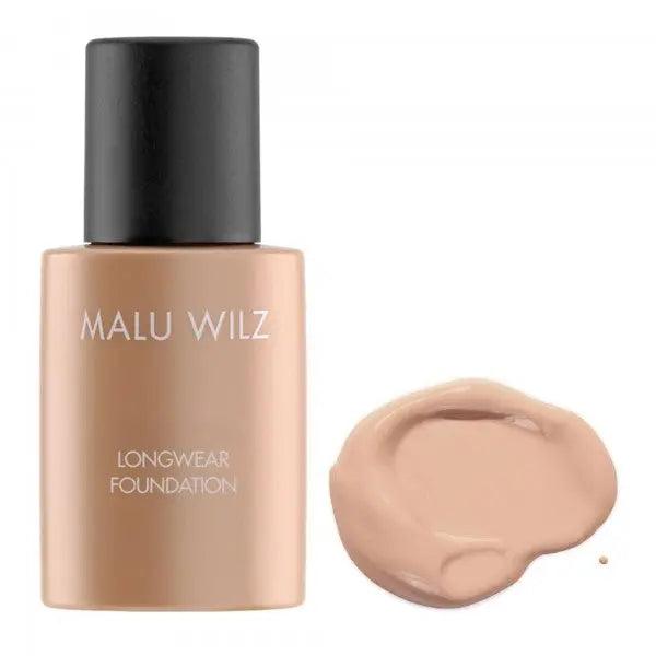 Malu Wilz Longwear Foundation bottle with beige liquid swatch, high-performance makeup for lasting coverage and perfect complexion.