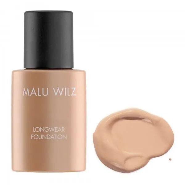 Malu Wilz Longwear Foundation bottle and swatch, 30ml, high-performance liquid for enduring coverage and perfect complexion.