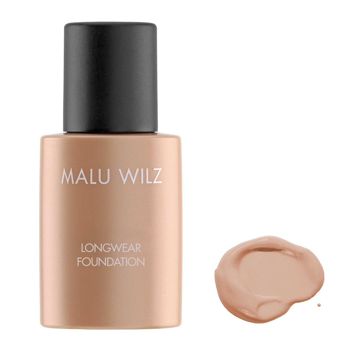 Malu Wilz Longwear Foundation bottle with liquid swatch, 30ml.