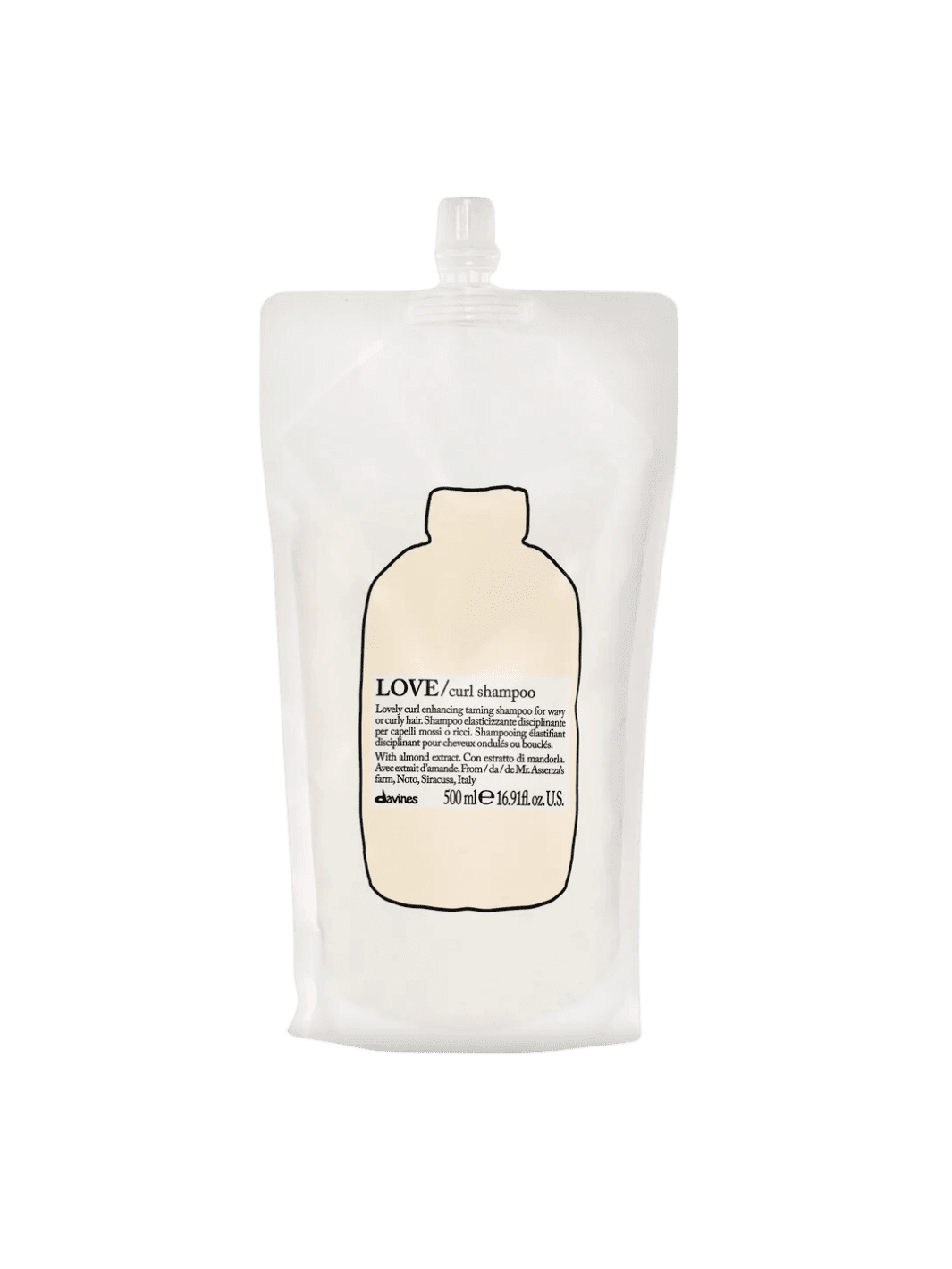 Love Curl Shampoo Refill pouch for wavy and curly hair, boosts curl elasticity and definition with almond extract.