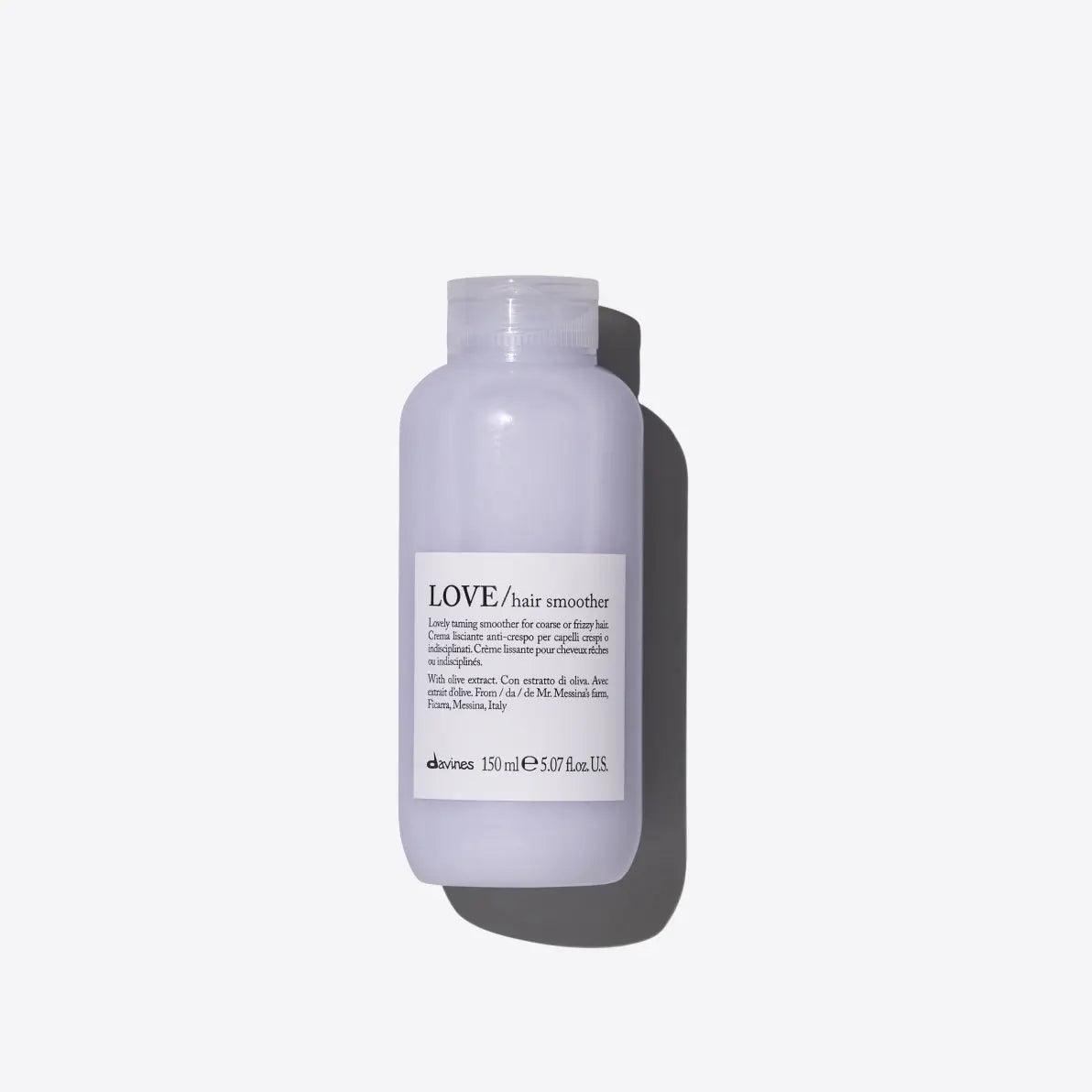 Davines Love Hair Smoother bottle for curly and wavy hair, controls frizz, enhances curls, and leaves hair soft and silky.