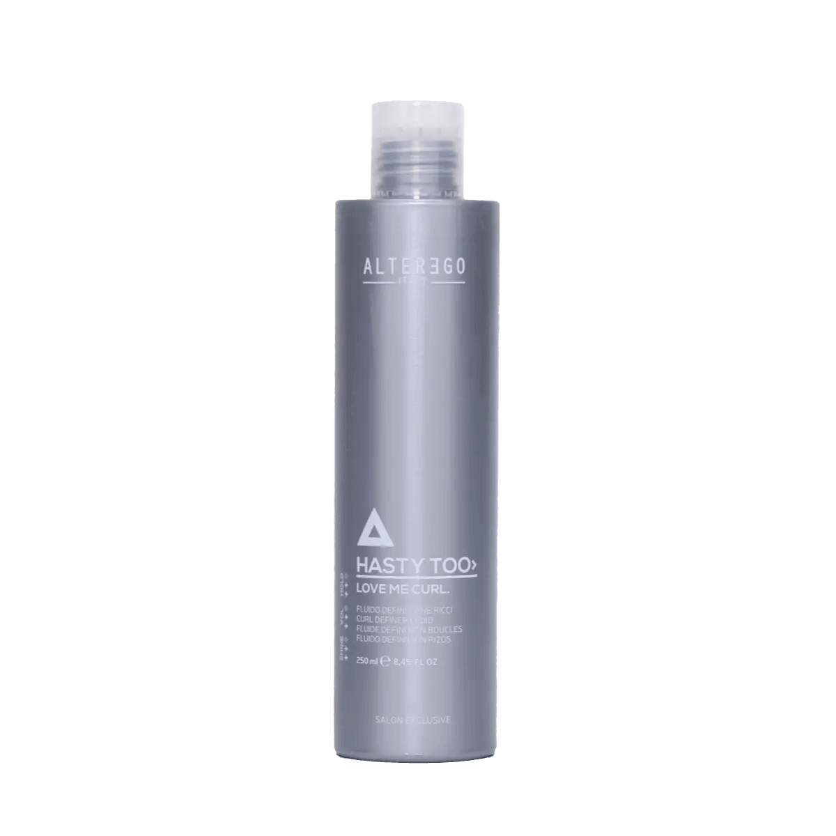 Alter Ego Love Me Curl fluid for flexible definition and curl retention in a gray bottle.