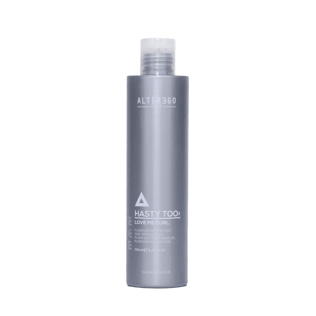 Alter Ego Love Me Curl fluid for flexible definition and curl retention in a gray bottle.
