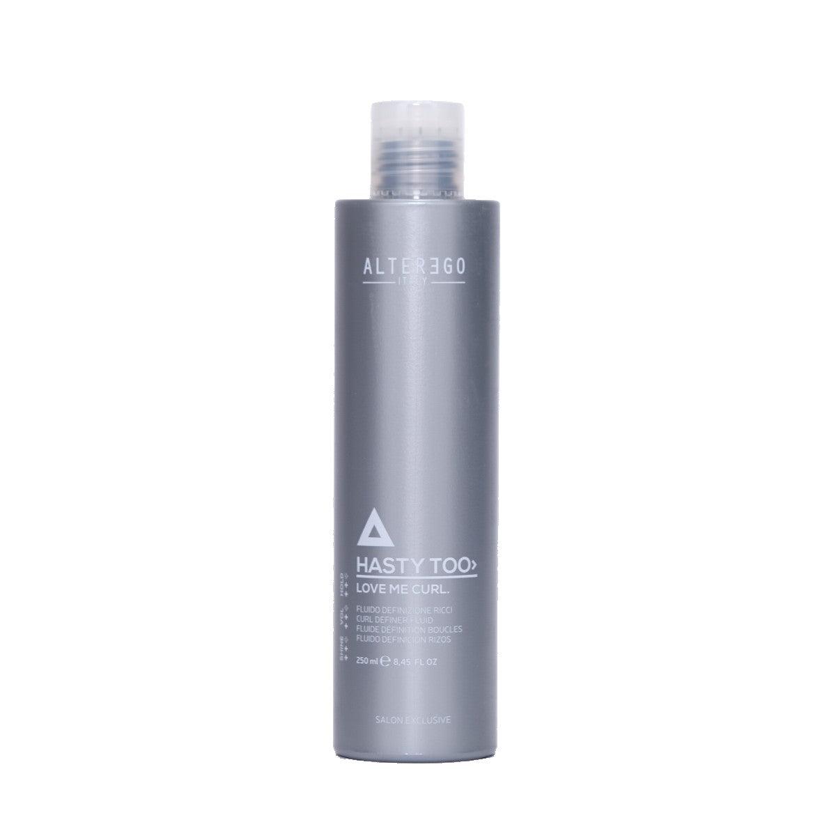 Love Me Curl fluid for soft, flexible curl definition and lasting retention in a sleek gray bottle, 250ml.