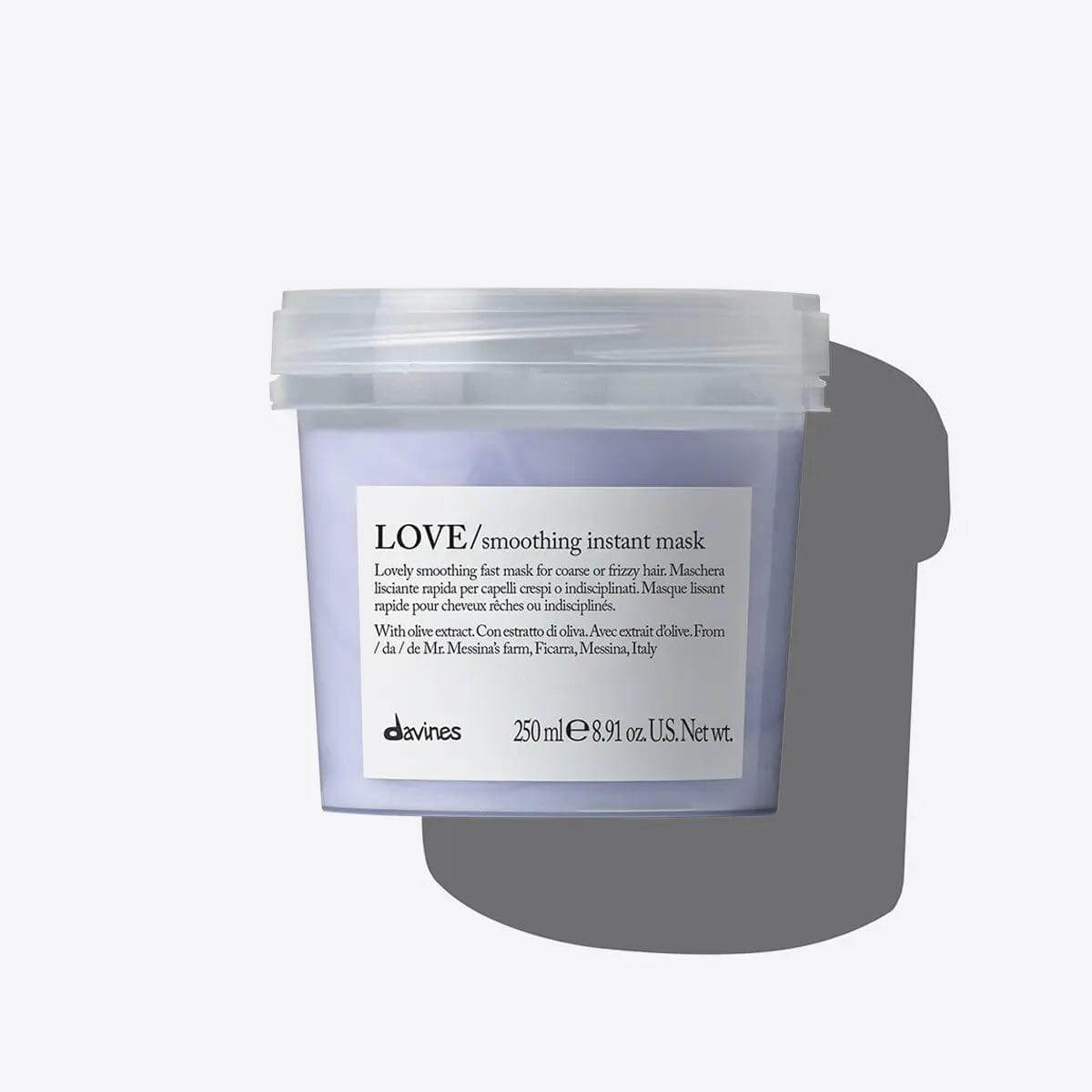 Davines Love Smoothing Instant Mask for deep hydration and frizz-free hair in a 250ml container.