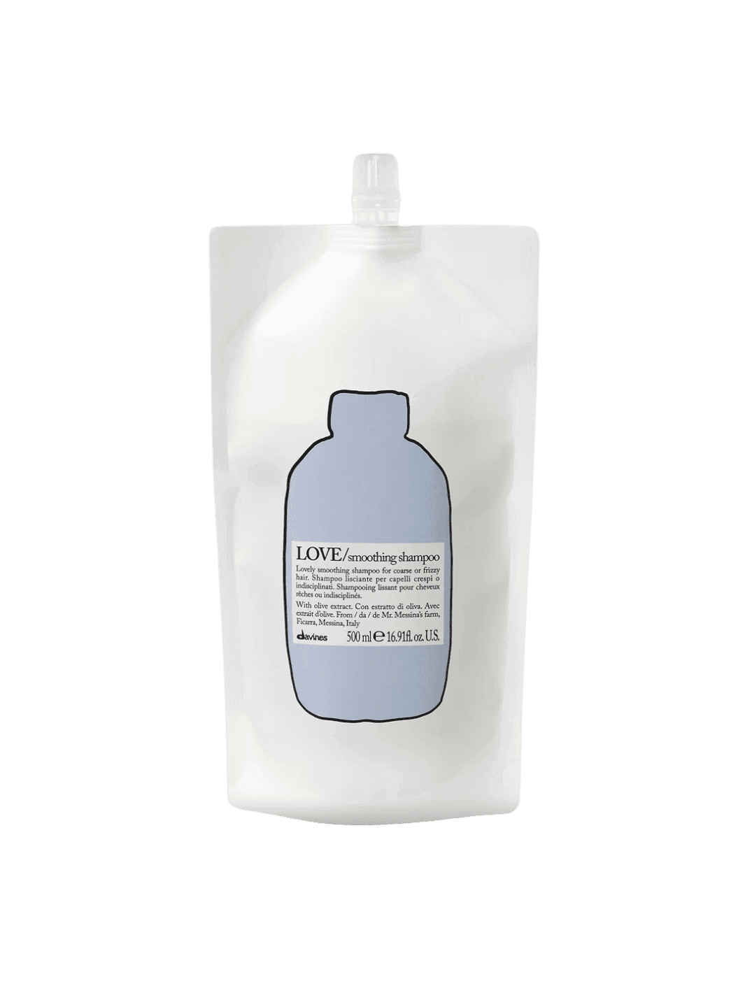 Love Smoothing Shampoo Refill for frizzy hair with olive extract, offering hydration and frizz control for smooth, manageable locks.
