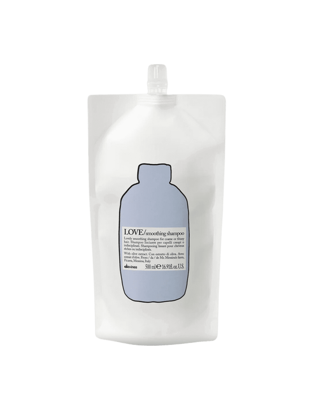 Love Smoothing Shampoo Refill for frizzy hair with olive extract, offering hydration and frizz control for smooth, manageable locks.