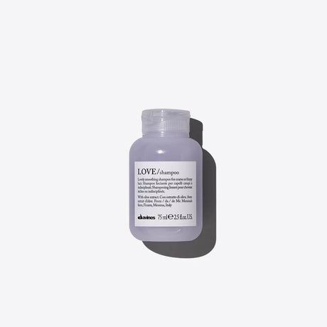 Davines LOVE Smoothing Shampoo bottle for frizzy hair control, 75ml, gentle cleansing, humidity protection, natural ingredients