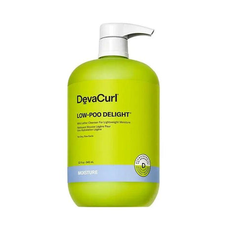 DevaCurl Low-Poo Delight low-lather curl cleanser for soft, defined, bouncy curls in 32 oz bottle. Dermatologist co-developed, frizz control.