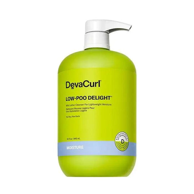 DevaCurl Low-Poo Delight low-lather curl cleanser for soft, defined, bouncy curls in 32 oz bottle. Dermatologist co-developed, frizz control.