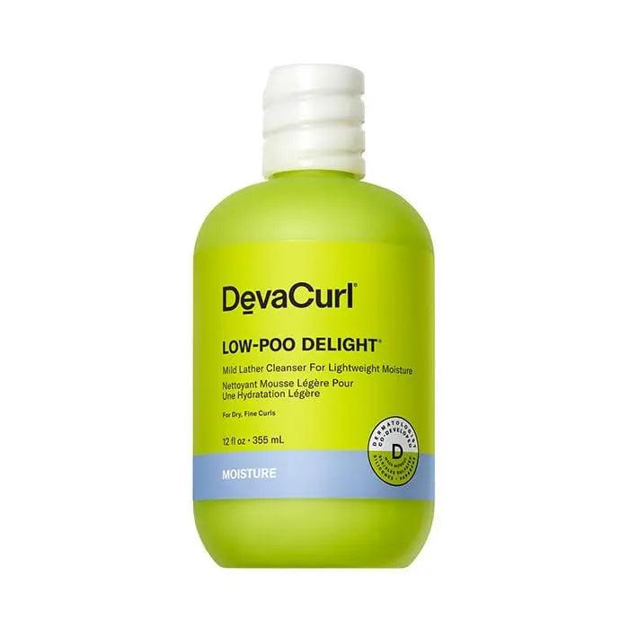 DEVACURL Low-Poo Delight mild lather cleanser for lightweight moisture in green bottle, designed for soft and defined curly hair.