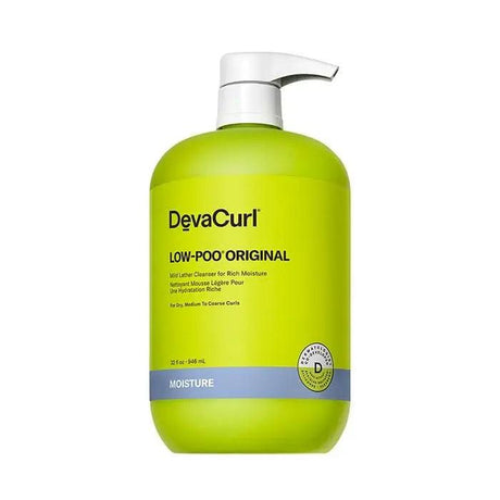DevaCurl Low-Poo Original Mild Lather Cleanser for dry, medium to coarse curls in a green bottle, 32 fl oz size.