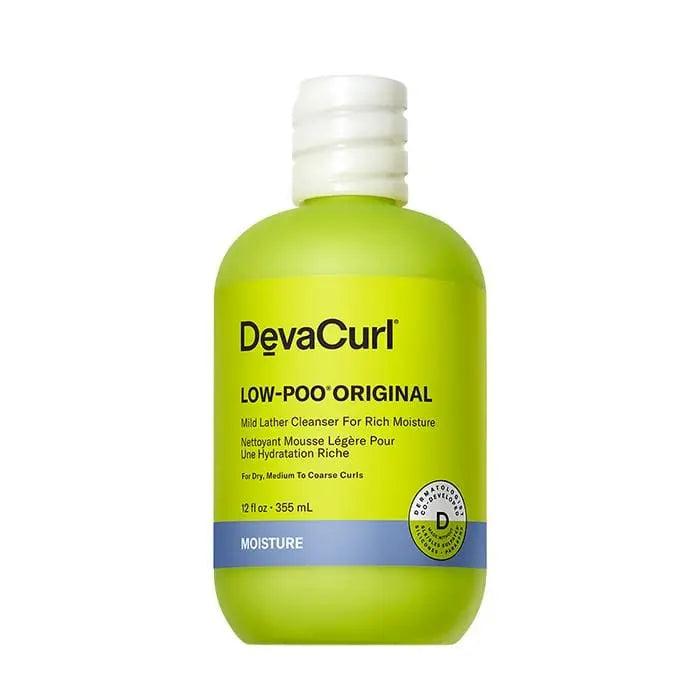 DEVACURL Low-Poo Original Mild Lather Cleanser, 12 oz bottle for dry, medium to coarse curls, offers moisture and hydration.
