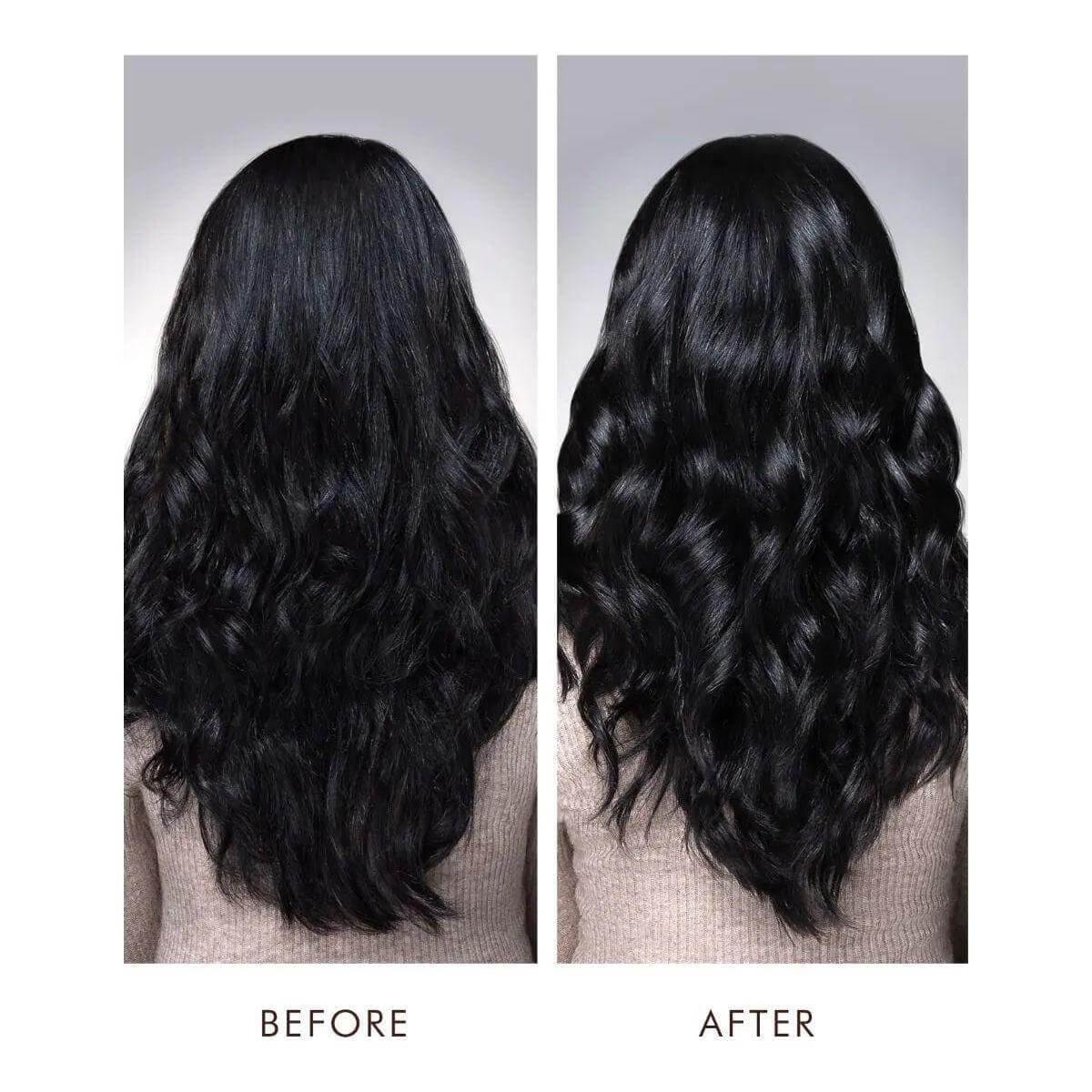 Before and after image showing hair styled with Luminous Extra Strong Finish Hairspray by Moroccanoil.