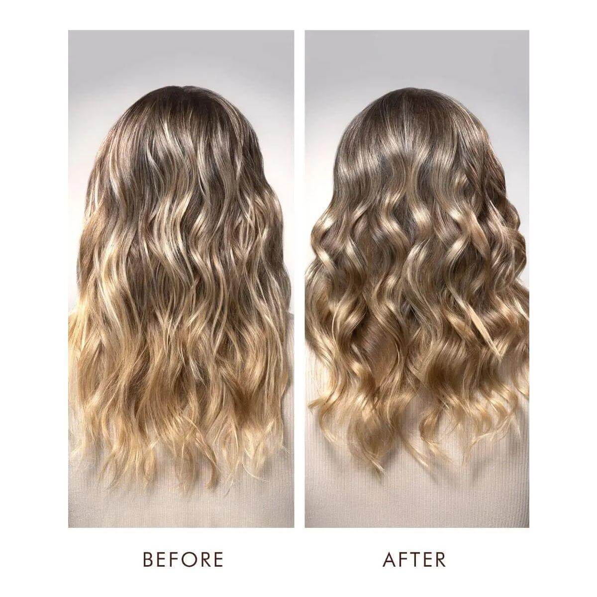 Before and after using Moroccanoil Luminous Medium Finish Hairspray showing soft, shiny, wavy hair with reduced frizz.