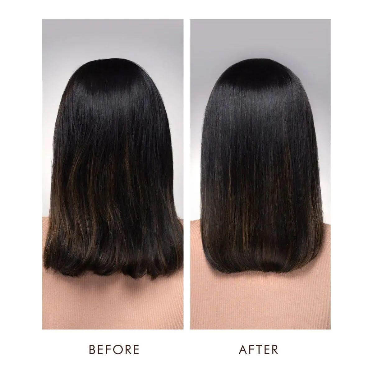 Before and after using Luminous Strong Finish Hairspray showcasing sleek, shiny, and smooth hairstyle transformation.