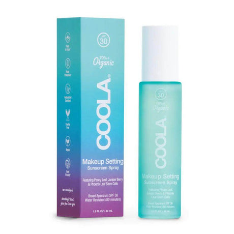 COOLA Makeup Setting Spray with SPF 30, organic ingredients, box and bottle shown, keeps makeup fresh with sun protection.